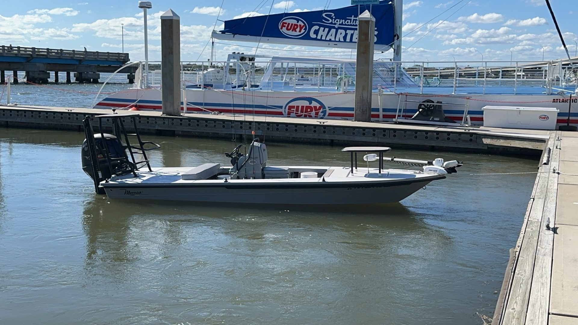 The Maverick 18 HPX skiff tied up at the dock